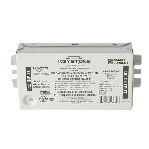 Keystone LED Driver 40W 470-1400mA Output 0-10V Dimming UnProgrammed (KTLD-40-UV-SC1400-56-VDIM-W1 /USB)