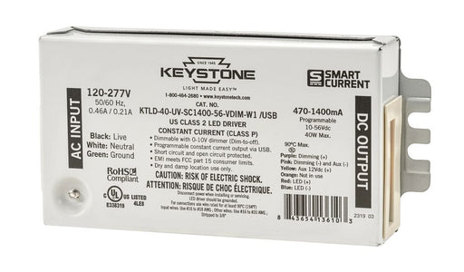 Keystone Programmable Constant Current LED Driver 40W 470-1400Ma Output 120-277V Input 0-10V Programmable Via Smart Current Software Integrated USB-C Port (KTLD-40-UV-SC1400-56-VDIM-W1 /USB)