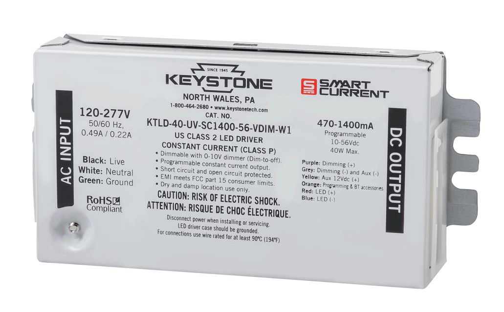 Keystone Programmable Constant Current LED Driver 40W 470-1400Ma Output 120-277V Input 0-10V Dimming Programmable Via Smart Current Software (KTLD-40-UV-SC1400-56-VDIM-W1-CP)