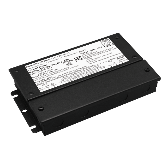 Lotus LED Lights 24V 30W Constant Voltage LED Driver 5-In-1 Dimmable Built-In Wiring Chambers 120-277V Wet Class 2 (KVG-24030-DWJ)