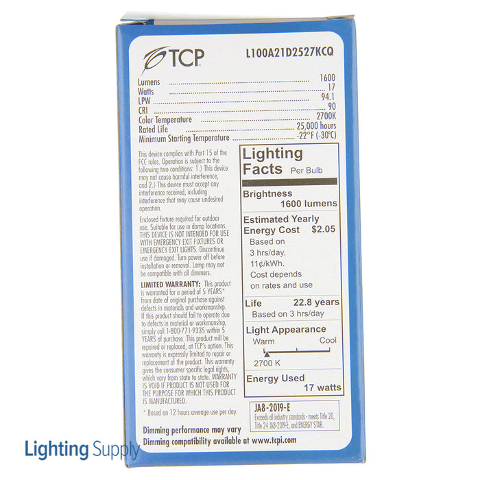 TCP LED A-Lamp Series 17W A21 Dimmable 25000 Hours 100W Equivalent 2700K 1600Lm E26 Base Omnidirectional Frost California Qualified (L100A21D2527KCQ)