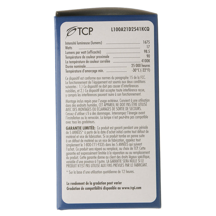 TCP LED A-Lamp Series 17W A21 Dimmable 25000 Hours 100W Equivalent 4100K 1675Lm E26 Base Omnidirectional Frost California Qualified (L100A21D2541KCQ)
