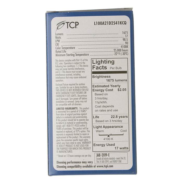 TCP LED A-Lamp Series 17W A21 Dimmable 25000 Hours 100W Equivalent 4100K 1675Lm E26 Base Omnidirectional Frost California Qualified (L100A21D2541KCQ)