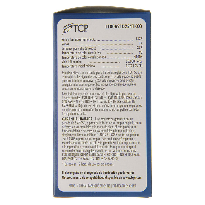 TCP LED A-Lamp Series 17W A21 Dimmable 25000 Hours 100W Equivalent 4100K 1675Lm E26 Base Omnidirectional Frost California Qualified (L100A21D2541KCQ)