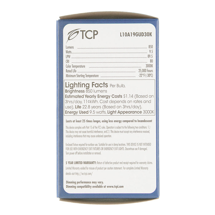TCP LED 9.5W A19 GU24 Base Dimmable 3000K 850Lm 120V 80 CRI (L10A19GUD30K)