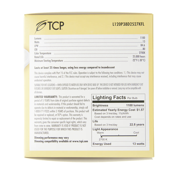 TCP LED 13W P38 Dimmable 2700K Flood (L120P38D2527KFL)