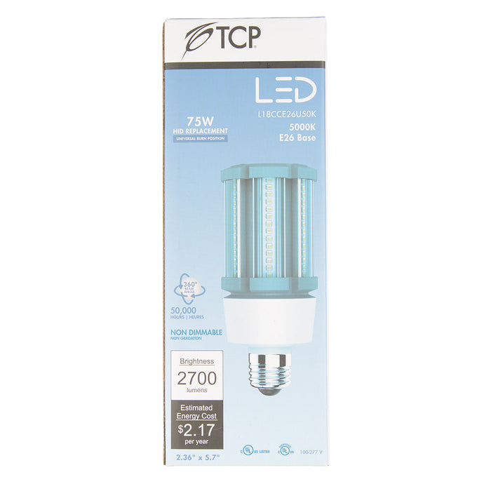TCP LED HID Corn Cob Lamp HID75 18W Non-Dimmable 50000 Hours 75W Equivalent 5000K E26 Base 2700Lm Clear 120V (L18CCE26U50K)