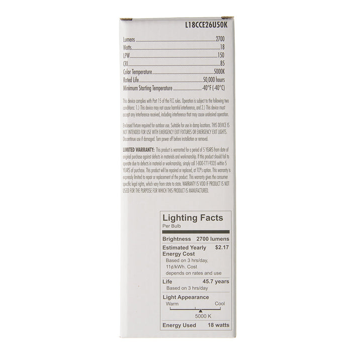 TCP LED HID Corn Cob Lamp HID75 18W Non-Dimmable 50000 Hours 75W Equivalent 5000K E26 Base 2700Lm Clear 120V (L18CCE26U50K)