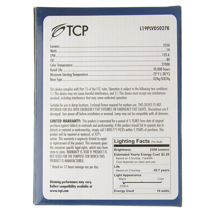TCP LED 19W PL Vertical BR40 Dimmable 2700K (L19PLVD5027K)