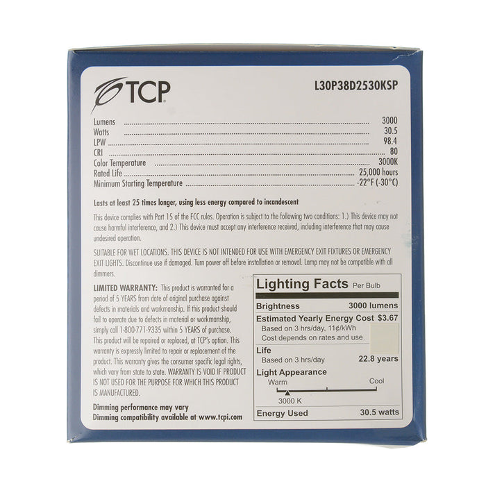 TCP LED 30W P38 Dimmable 3000K Spot Flood (L30P38D2530KSP)