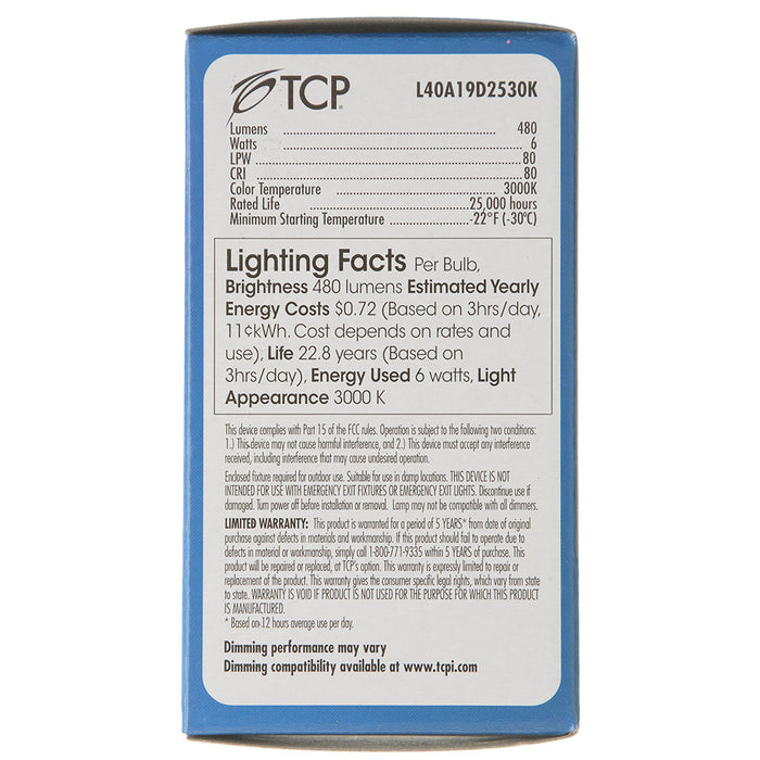 TCP LED 6W A19 Dimmable 3000K (L40A19D2530K)