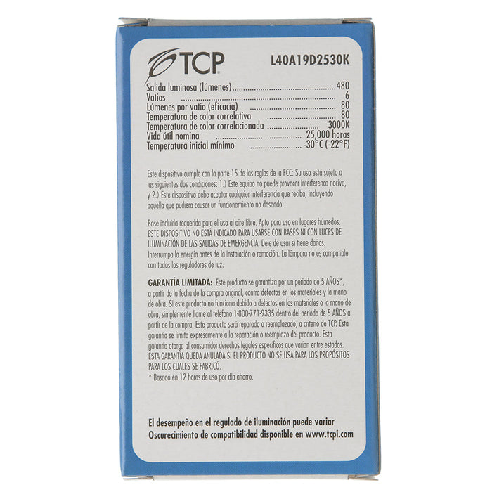 TCP LED 6W A19 Dimmable 3000K (L40A19D2530K)