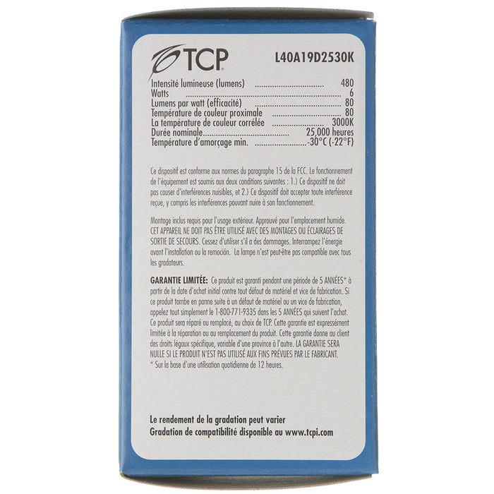 TCP LED 6W A19 Dimmable 3000K (L40A19D2530K)