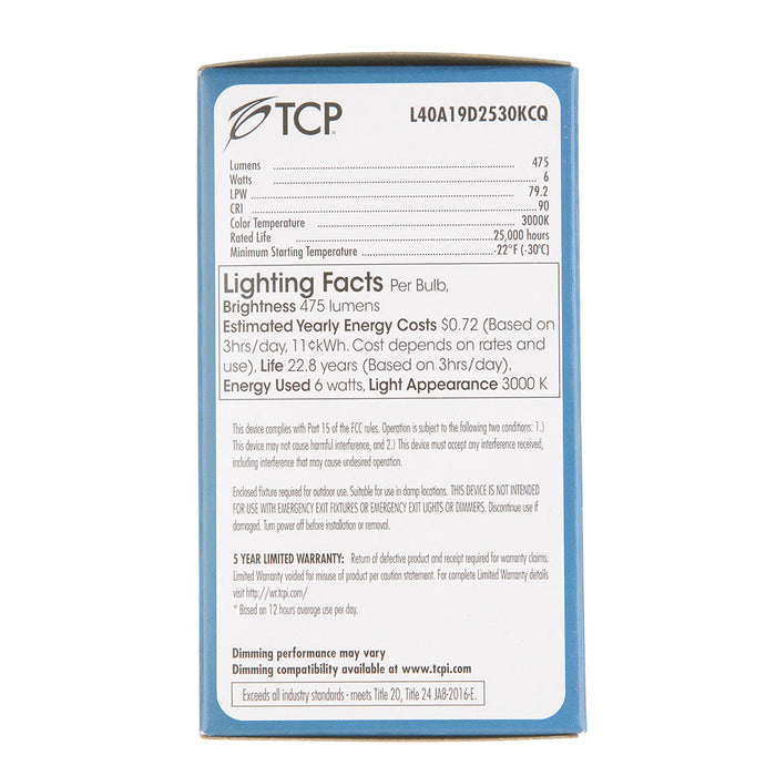 TCP LED A-Lamp Series 6W A19 Dimmable 25000 Hours 40W Equivalent 3000K 475Lm E26 Base Omnidirectional Frost California Qualified (L40A19D2530KCQ)