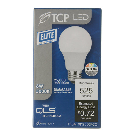 TCP LED A-Lamp Series 6W A19 Dimmable 25000 Hours 40W Equivalent 5000K 525Lm E26 Base Omnidirectional Frost California Qualified (L40A19D2550KCQ)
