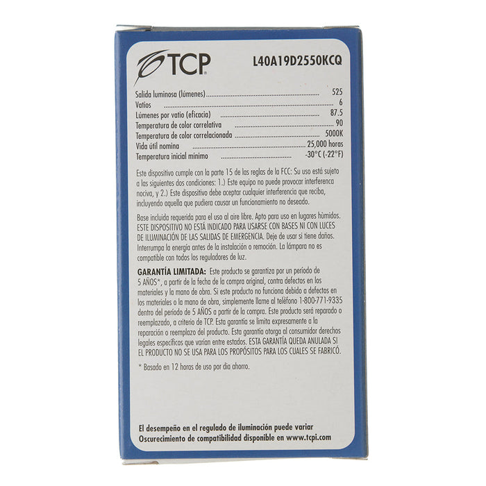 TCP LED A-Lamp Series 6W A19 Dimmable 25000 Hours 40W Equivalent 5000K 525Lm E26 Base Omnidirectional Frost California Qualified (L40A19D2550KCQ)