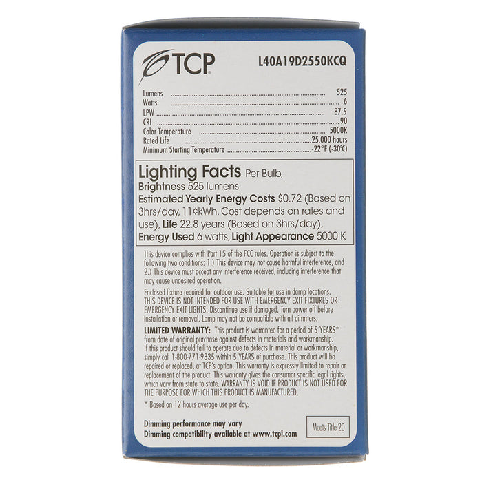 TCP LED A-Lamp Series 6W A19 Dimmable 25000 Hours 40W Equivalent 5000K 525Lm E26 Base Omnidirectional Frost California Qualified (L40A19D2550KCQ)