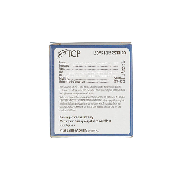 TCP LED MR16 6.5W 430Lm 2700K GU5.3 Base Suitable For Damp Locations Dimmable (L50MR16D2527KFLCQ)