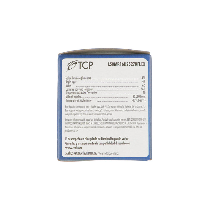 TCP LED MR16 6.5W 430Lm 2700K GU5.3 Base Suitable For Damp Locations Dimmable (L50MR16D2527KFLCQ)