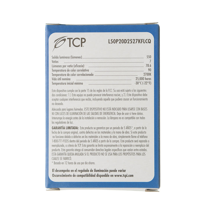 TCP LED PAR20 7W 2700K E26 Base Suitable For Wet Locations Dimmable 40 Degree Beam Angle (L50P20D2527KFLCQ)