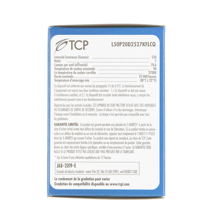 TCP LED PAR20 7W 2700K E26 Base Suitable For Wet Locations Dimmable 40 Degree Beam Angle (L50P20D2527KFLCQ)