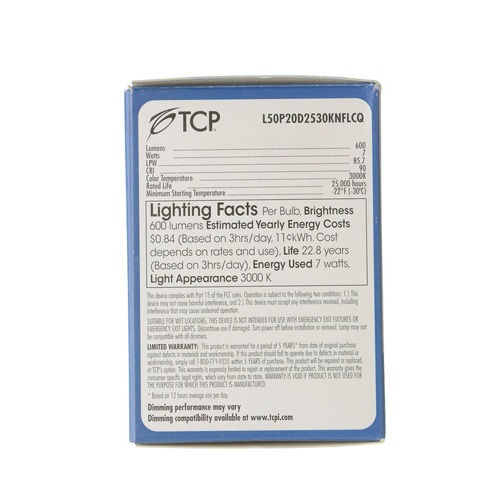 TCP LED PAR20 7W 3000K E26 Base Suitable For Wet Locations Dimmable 25 Degree Beam Angle (L50P20D2530KNFLCQ)