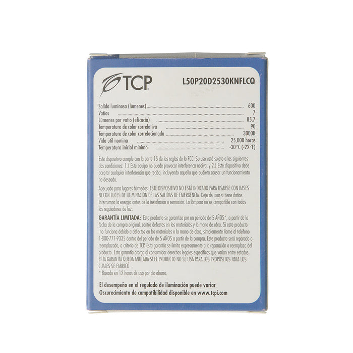 TCP LED PAR20 7W 3000K E26 Base Suitable For Wet Locations Dimmable 25 Degree Beam Angle (L50P20D2530KNFLCQ)