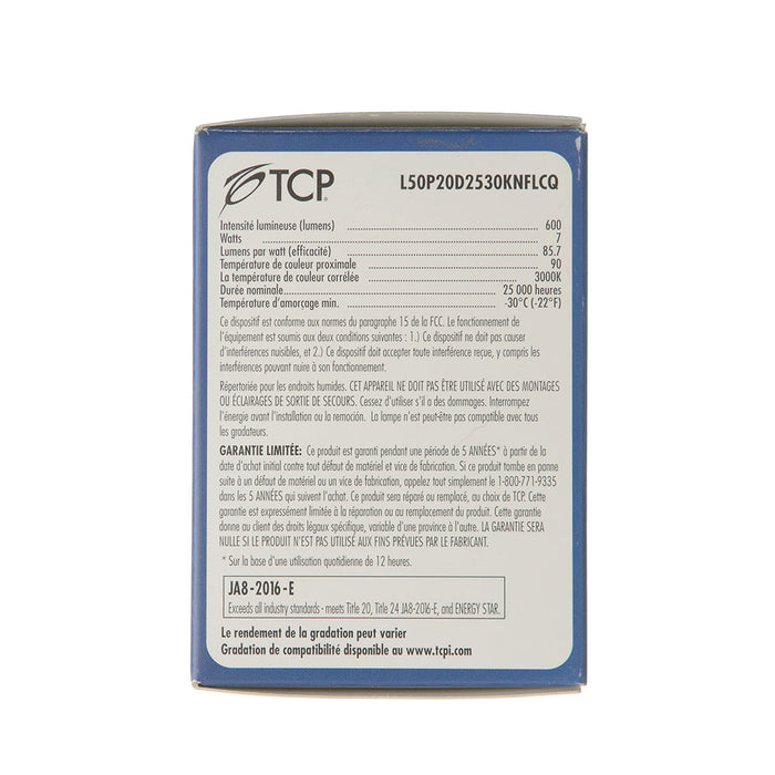 TCP LED PAR20 7W 3000K E26 Base Suitable For Wet Locations Dimmable 25 Degree Beam Angle (L50P20D2530KNFLCQ)