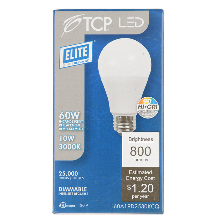 TCP LED A-Lamp Series 10W A19 Dimmable 25000 Hours 60W Equivalent 3000K 800Lm E26 Base Omnidirectional Frost California Qualified (L60A19D2530KCQ)