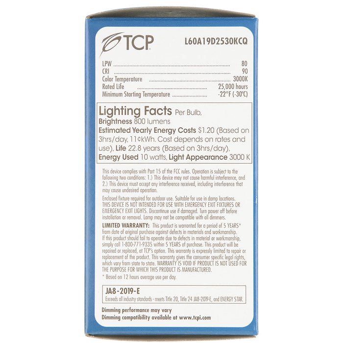 TCP LED A-Lamp Series 10W A19 Dimmable 25000 Hours 60W Equivalent 3000K 800Lm E26 Base Omnidirectional Frost California Qualified (L60A19D2530KCQ)