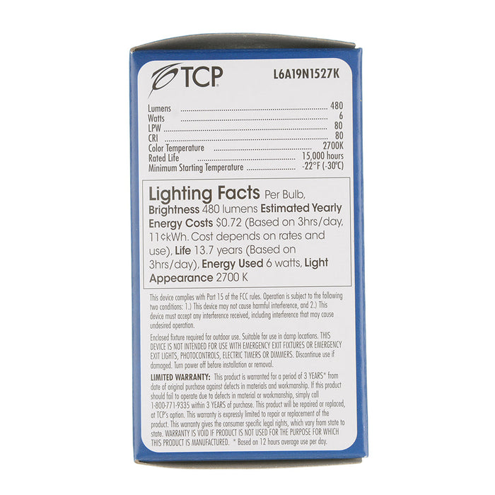 TCP LED 6W A19 Non-Dimmable 2700K (L6A19N1527K)