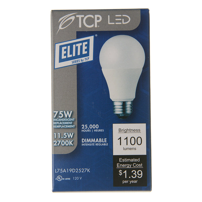 TCP 11.5W LED A19 75W Equivalent Dimmable 2700K 1100Lm 80 CRI 120V (L75A19D2527K)
