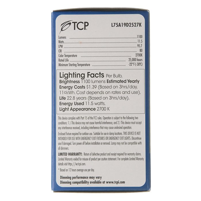 TCP 11.5W LED A19 75W Equivalent Dimmable 2700K 1100Lm 80 CRI 120V (L75A19D2527K)