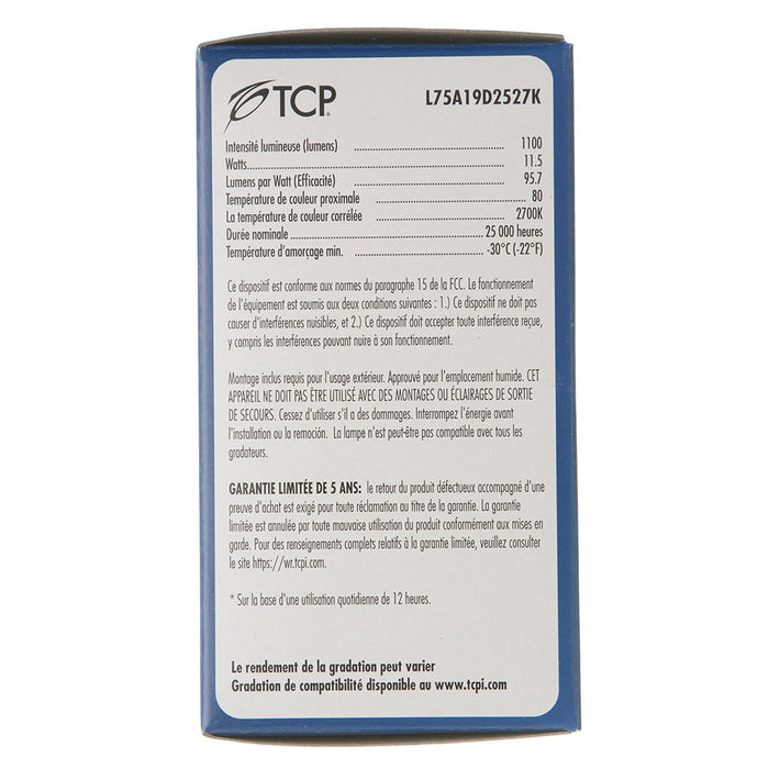 TCP 11.5W LED A19 75W Equivalent Dimmable 2700K 1100Lm 80 CRI 120V (L75A19D2527K)