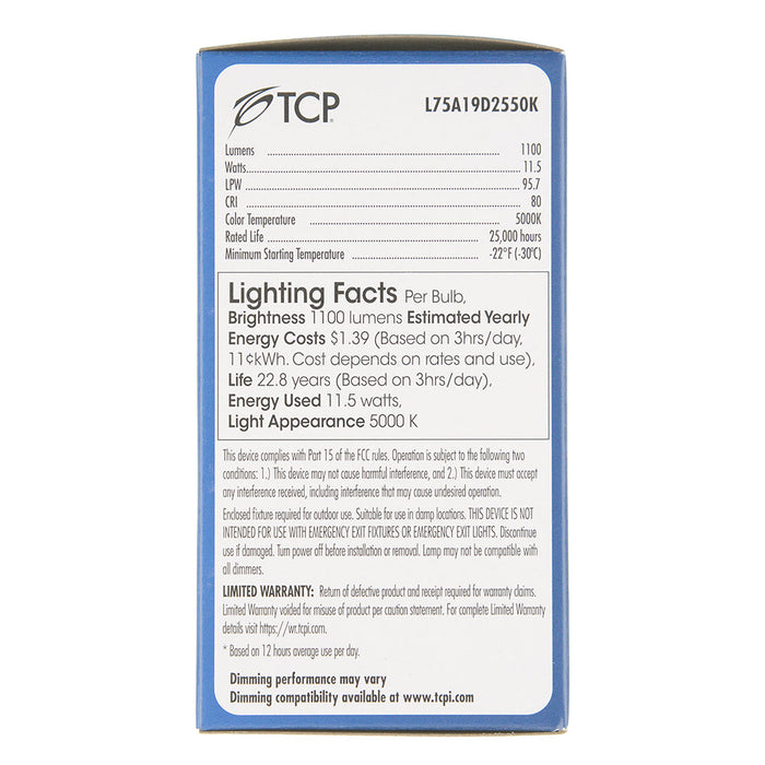 TCP LED 11.5W A19 Dimmable 5000K 1100Lm 120V 80 CRI (L75A19D2550K)