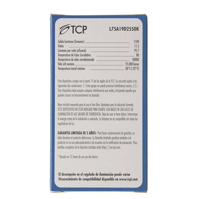 TCP LED 11.5W A19 Dimmable 5000K 1100Lm 120V 80 CRI (L75A19D2550K)