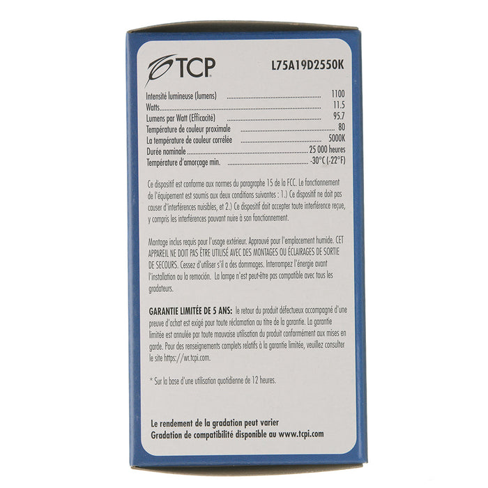 TCP LED 11.5W A19 Dimmable 5000K 1100Lm 120V 80 CRI (L75A19D2550K)