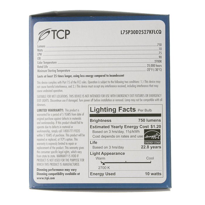 TCP LED PAR30 10W 2700K E26 Base Suitable For Wet Locations Dimmable 40 Degree Beam Angle (L75P30D2527KFLCQ)