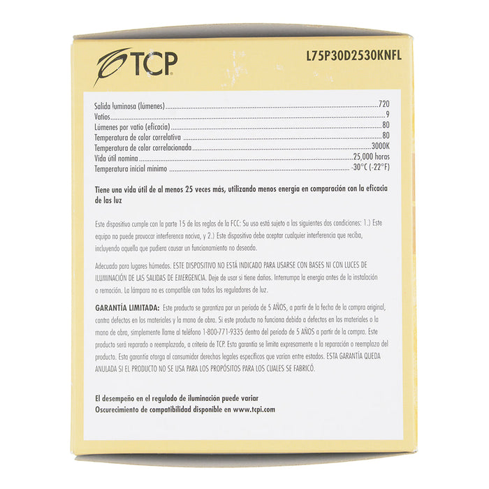 TCP LED 9W P30 Dimmable 3000K Narrow Flood (L75P30D2530KNFL)