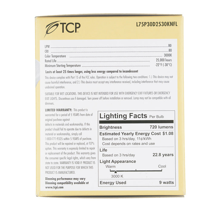 TCP LED 9W P30 Dimmable 3000K Narrow Flood (L75P30D2530KNFL)