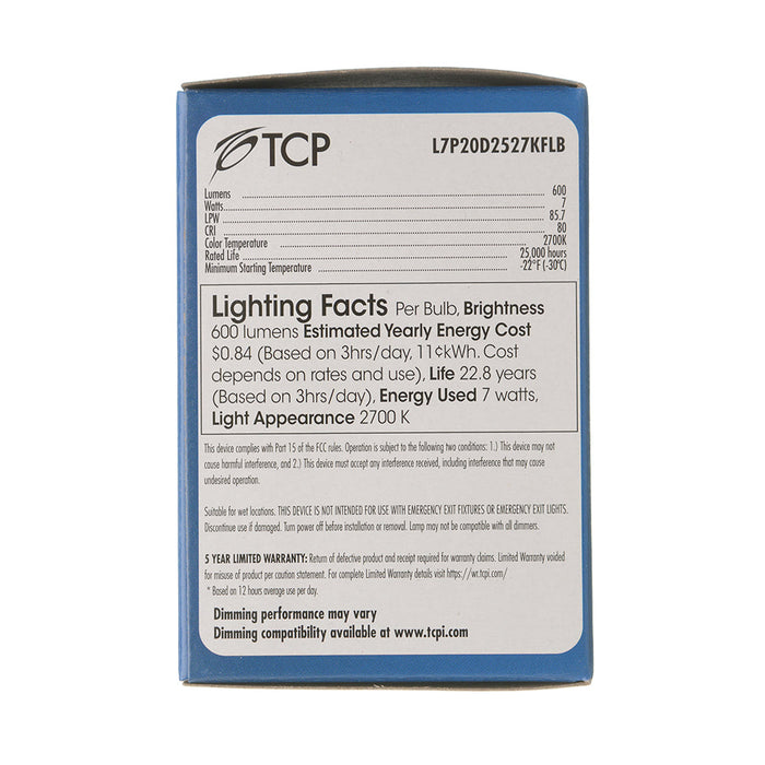 TCP LED 7W PAR20 Dimmable 2700K Flood Black 40 Degree Beam Angle 600Lm 80 CRI (L7P20D2527KFLB)