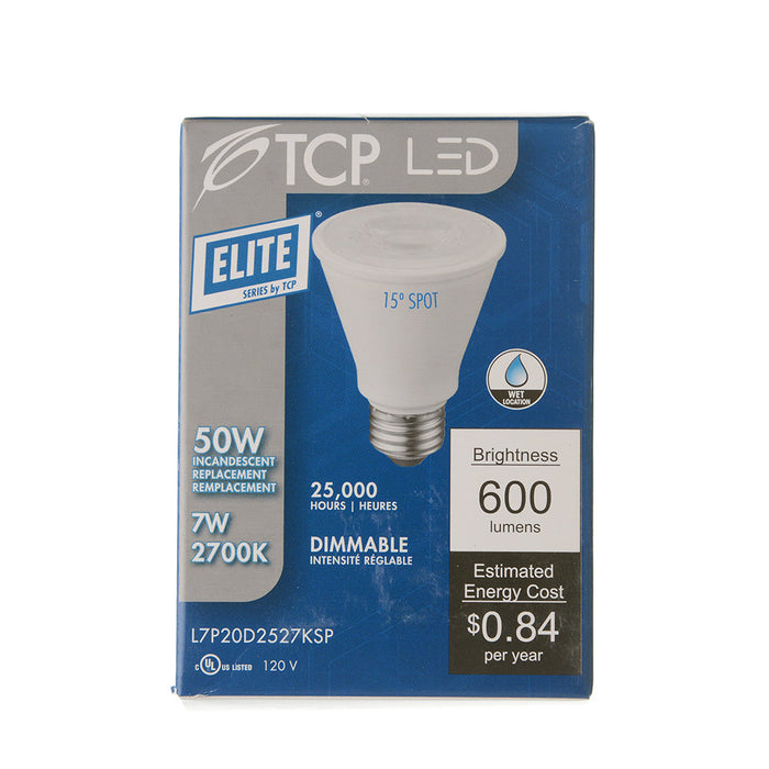 TCP 7W LED PAR20 50W Equivalent Dimmable Spot 2700K 600Lm 80 CRI 15 Degree Beam Angle 120V (L7P20D2527KSP)