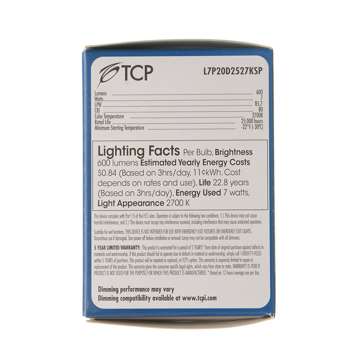 TCP 7W LED PAR20 50W Equivalent Dimmable Spot 2700K 600Lm 80 CRI 15 Degree Beam Angle 120V (L7P20D2527KSP)