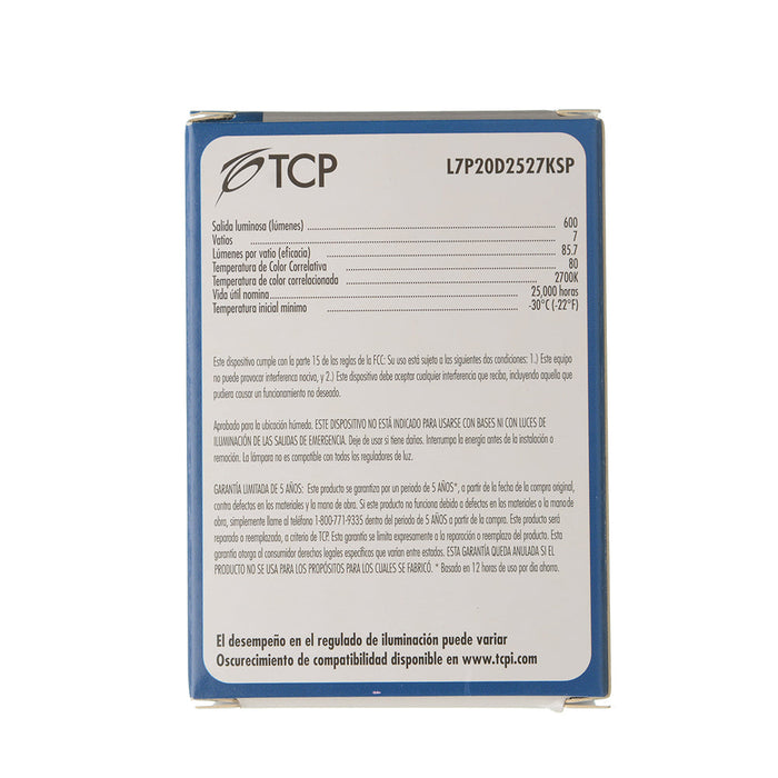 TCP 7W LED PAR20 50W Equivalent Dimmable Spot 2700K 600Lm 80 CRI 15 Degree Beam Angle 120V (L7P20D2527KSP)