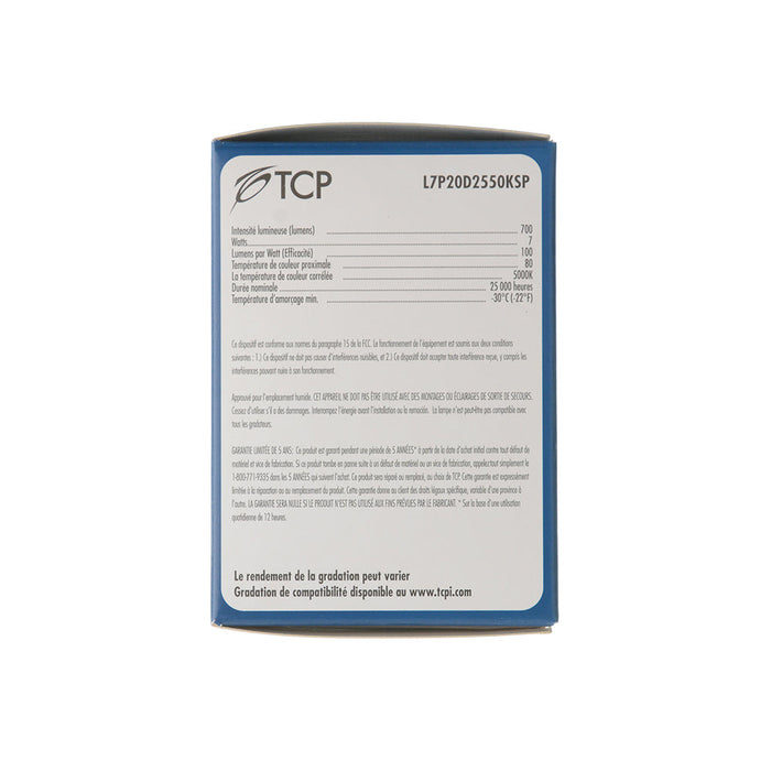 TCP 7W LED PAR20 50W Equivalent Dimmable Spot 5000K 700Lm 80 CRI 15 Degree Beam Angle 120V (L7P20D2550KSP)