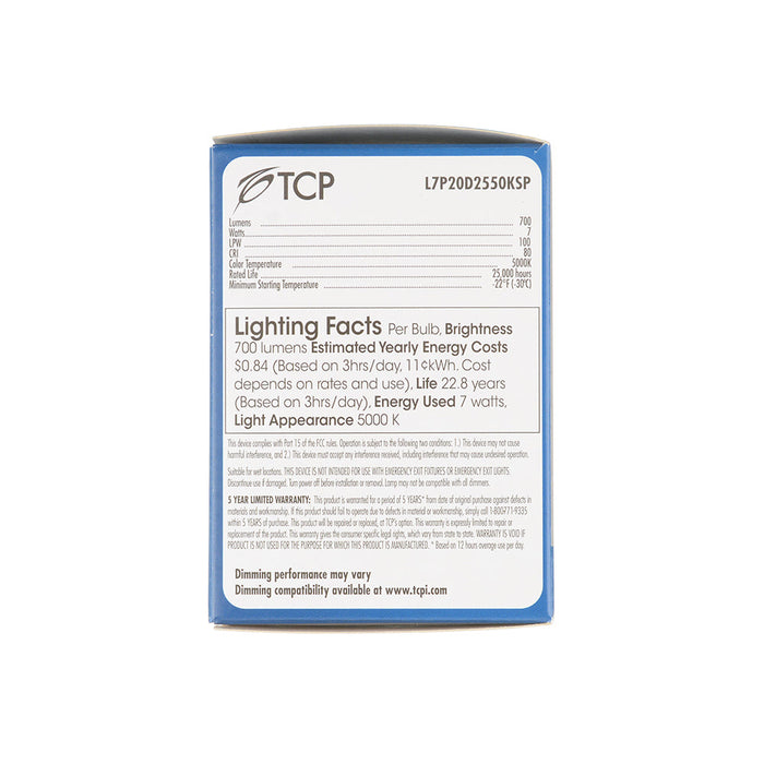 TCP 7W LED PAR20 50W Equivalent Dimmable Spot 5000K 700Lm 80 CRI 15 Degree Beam Angle 120V (L7P20D2550KSP)