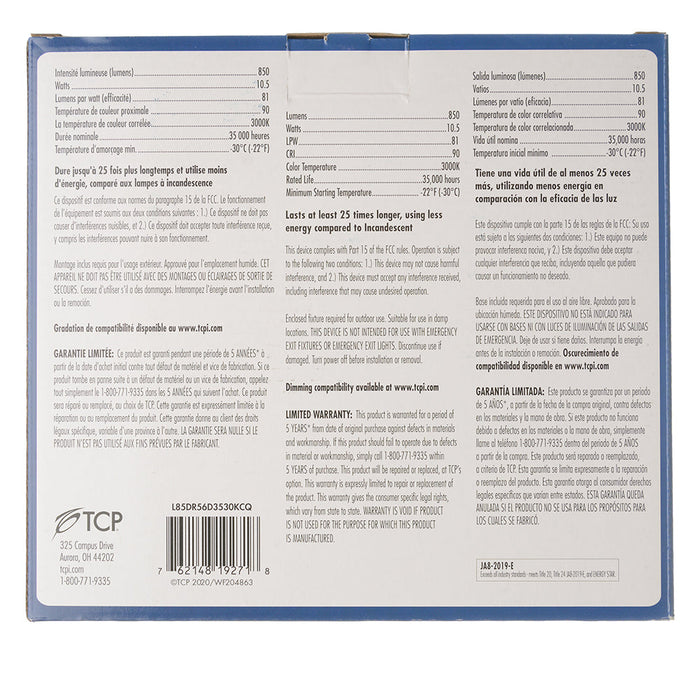 TCP LED Downlight DR56 10.5W L 3000K 850Lm E26 Base Suitable For Damp Locations Dimmable (L85DR56D3530KCQ)