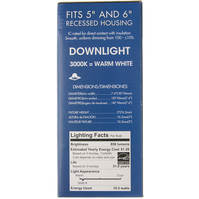 TCP LED Downlight DR56 10.5W L 3000K 850Lm E26 Base Suitable For Damp Locations Dimmable (L85DR56D3530KCQ)