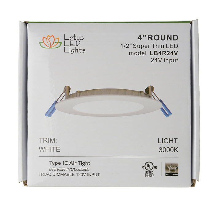 Lotus LED Lights 4 Inch 24V Dimmable Round Economy 11W LED 3000K White 110 Degree 700Lm Type IC Airtight Wet Locations 80 CRI (LB4R24V/30K/WH)