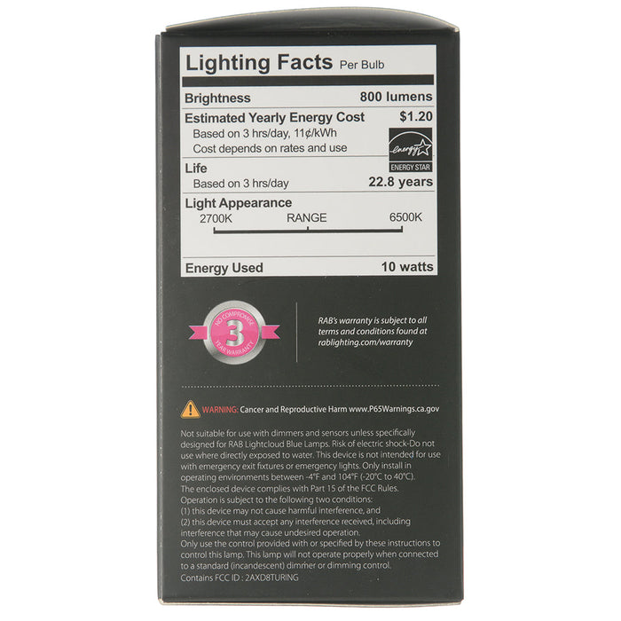 RAB Lightcloud Controller Blue A19 10W 800Lm 90 CRI 2700K-6500K Smartshift 1-Pack (LCBA19-10-E26-9TW-SS-NS)